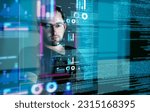 Focus, programming man with hologram, code and futuristic with cyber security, digital software and big data. Male person, cloud computing or employee with concentration, holographic and programmer