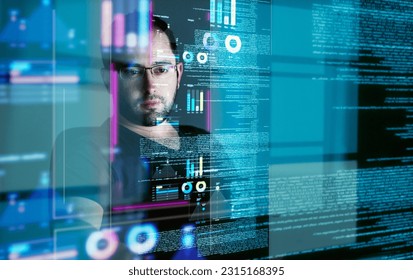 Focus, programming man with hologram, code and futuristic with cyber security, digital software and big data. Male person, cloud computing or employee with concentration, holographic and programmer - Powered by Shutterstock