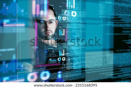 Focus, programming man with hologram, code and futuristic with cyber security, digital software and big data. Male person, cloud computing or employee with concentration, holographic and programmer