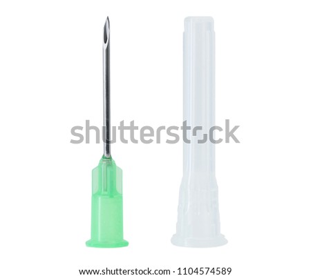 Focus stacked image:18 gauge needle and cap.  The 18G is commonly used on a syringe to access vials of liquid drugs, and for injecting drugs into IV fluid bags. Extreme macro and isolated on white.
