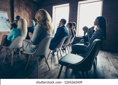 Focus Tired Bad Staff Human Resources Exhausted Concept. Back Behind Rear View Photo Of Large Crowd Employer Boredom Ceo Quiet Silent Sleepy Asleep Indifferent People Sit On Chair