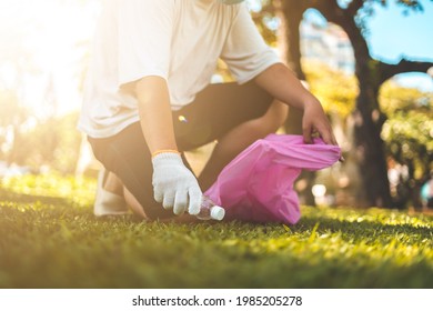 Focus Volunteer man wearing gloves collecting bottle trash on the park, beach. Nature cleaning, volunteer ecology green concept. Environment plastic pollution. - Powered by Shutterstock