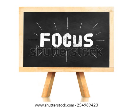 Focus word with emphasis line on blackboard with easel and reflection on white background,Business concept