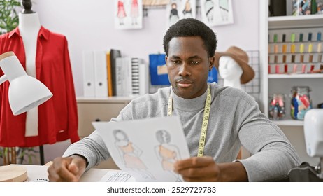 A focused african american man analyzing fashion designs in a well-equipped tailor shop. - Powered by Shutterstock