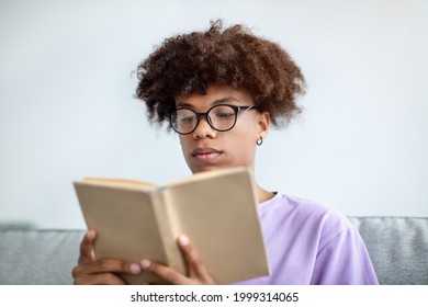 Focused African American Teenager Reading Book, Enjoying Captivating Story At Home. Intelligent Black Teen Student With Textbook Getting Ready For Test Or Exam, Studying Remotely Indoors