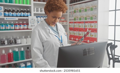 A focused african american woman pharmacist reviews documents indoors at a well-stocked pharmacy. - Powered by Shutterstock