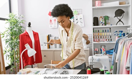 A focused african american woman tailor evaluating designs in a well-organized atelier. - Powered by Shutterstock