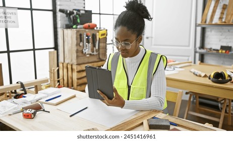 Focused african american woman using tablet in carpentry workshop - Powered by Shutterstock