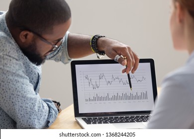 Focused african analyst showing client or colleague annual financial report analyzing business data on laptop screen using software for digital graphic statistic analysis, economic market graphs  - Shutterstock ID 1368244205