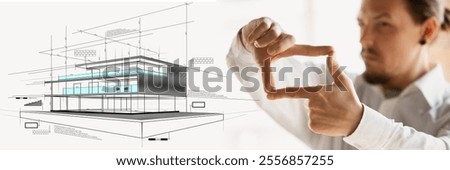 Focused architect framing project, emphasizing precision and vision in the real estate industry, transforming designs into reality. Contemporary art collage. Concept of business, investment. Banner