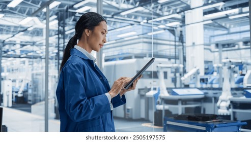 Focused Asian Engineer Monitoring and Analyzing Conditions at a Modern Electronics Factory on a Tablet Device. Facility with Automated Robot Hands Working with the Help of Artificial Intelligence