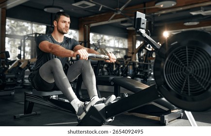 Focused athletic man using a rowing machine during workout at a bright, spacious gym. Concept: endurance, cardio, fitness, health, discipline.
