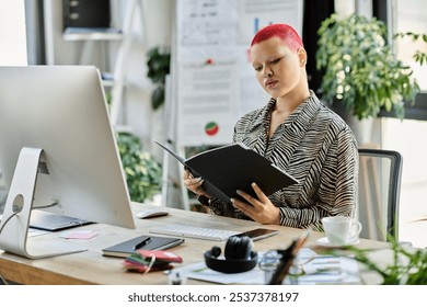 A focused bald woman with striking red hair examines documents while seated at a stylish desk. - Powered by Shutterstock