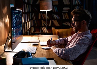 Focused business man trader analyst looking at computer monitor, investor broker analyzing indexes, financial chart trading online investment data on cryptocurrency stock market graph on pc screen. - Powered by Shutterstock