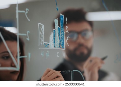 Focused business team brainstorming and strategizing with sticky notes on a glass wall, analyzing statistics and discussing solutions in a modern office setting. - Powered by Shutterstock