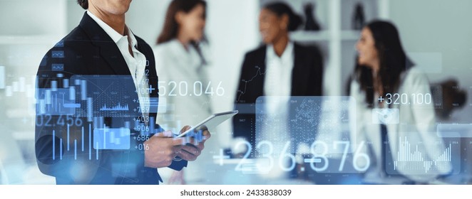 Focused businessman using tablet with futuristic digital financial graphs and world data analysis overlay on a dynamic corporate office backdrop, panorama, cropped. Work, successful business - Powered by Shutterstock