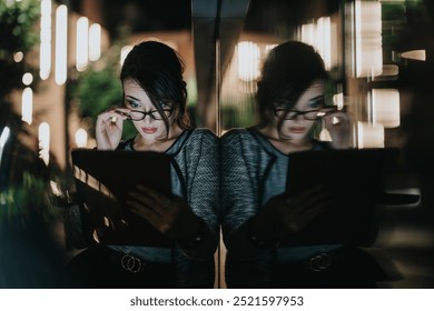 Focused businesswoman working on a tablet during a night in the city, with reflections and blurred lights in the background. - Powered by Shutterstock