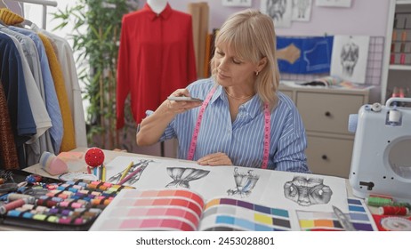 A focused caucasian woman reviews fashion designs in a well-equipped tailor shop with colorful fabric swatches - Powered by Shutterstock