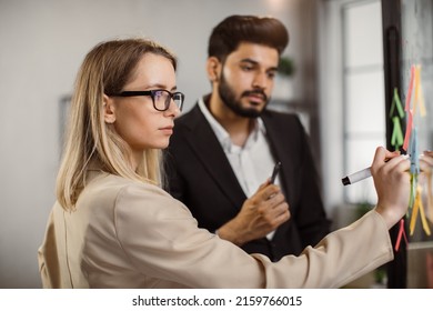 Focused Caucasian Woman Writing Marks On Glass Wall While Working Together With Her Indian Male Colleague In Office. Two Multiracial Managers Brainstorming New Business Ideas During Meeting.