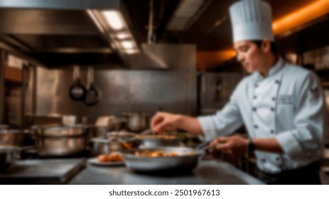 Focused chef preparing a gourmet dish in a modern kitchen, emphasizing precision and culinary expertise - Powered by Shutterstock