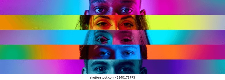 Focused and concentrarted views. Cropped male and female different eyes placed on colored narrow stripes, lines. Concept of human emotions, facial expressions. Horizontal banner with copy space for ad - Powered by Shutterstock