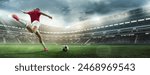 Focused and concentrated female soccer player in motion hitting ball in outdoor football arena. 3D stadium. Dynamic moment. Banner. Concept of sport, competition, tournament, games, event