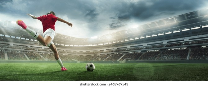 Focused and concentrated female soccer player in motion hitting ball in outdoor football arena. 3D stadium. Dynamic moment. Banner. Concept of sport, competition, tournament, games, event - Powered by Shutterstock