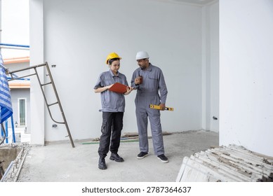 Focused construction worker and builder engineer wearing hardhat discuss teamwork looking clipboard building site. Professional team planning project inside uncompleted interior architecture