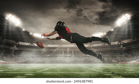 Focused and determined American football player in motion on open air arena, catching ball under dramatic sky. 3D render of stadium. Concept of sport, tournament, competition, game event - Powered by Shutterstock