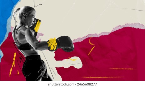 Focused and determined woman, boxing athlete in gloves showing s motivation to win. Abstract background. Contemporary artwork. Concept of sport, tournament, competition, active and healthy lifestyle - Powered by Shutterstock