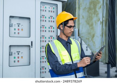 A focused engineer in safety gear examines an electrical control panel while holding a digital tablet. - Powered by Shutterstock