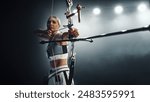 Focused Female Archer Aiming Her Bow in Dramatic, Dimly Lit Setting, Precision and Determination in Competitive Archery. Championship of Cinematic Athletic Excellence