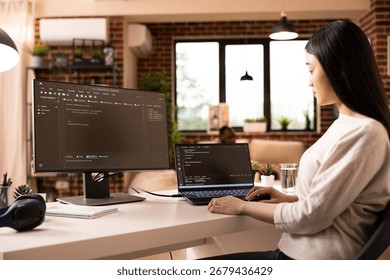 Focused female developer programming on laptop in home office. Asian woman building software and coding website remotely from modern apartment using digital tools for web development.