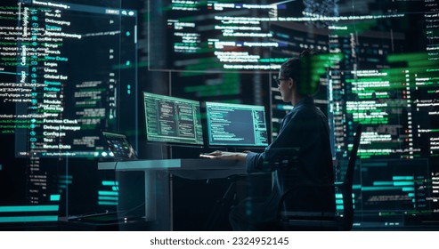 Focused Female Programmer Working in a Monitoring Control Room, Surrounded by Big Screens Displaying Lines of Programming Language Code. Portrait of Woman Creating a Software and Coding - Powered by Shutterstock - Get 15% off with code: PIKWIZARD15