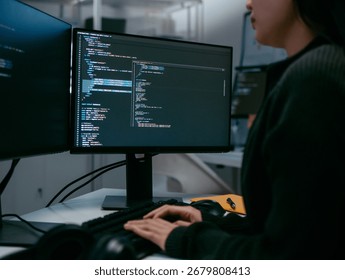 Focused Female IT Programmer working in software developing office, Writing code using desktop computer review and analysis data on monitor screen developing a new software app development project.