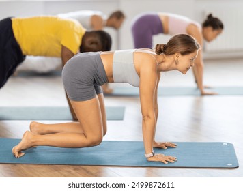 Focused fit young girl performing bear plank, strengthening core, shoulder and leg muscles, during group Pilates workout in bright fitness studio - Powered by Shutterstock