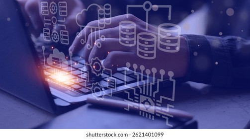 Focused hands adeptly navigate a laptop keyboard, symbolizing the realm of technology, data and digital transformation. Seamlessly integrated icons overlay the scene.
