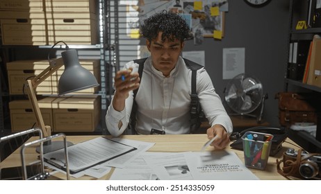 A focused hispanic man analyzes evidence in a cluttered detective's office, amidst documents and investigation tools. - Powered by Shutterstock