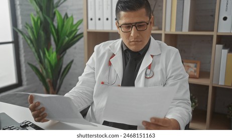 A focused hispanic man in a white lab coat reviews documents at his desk in a medical office. - Powered by Shutterstock