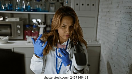 Focused hispanic woman scientist analyzing samples with a microscope in a laboratory setting. - Powered by Shutterstock