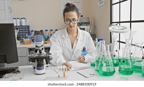 Focused hispanic woman scientist writing in notebook at laboratory workspace with microscope and glassware - Powered by Shutterstock