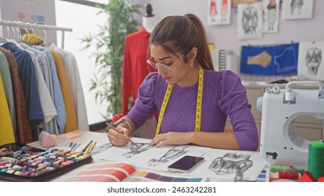 A focused hispanic woman sketches designs in a colorful tailoring studio, illustrating fashion and creativity. - Powered by Shutterstock