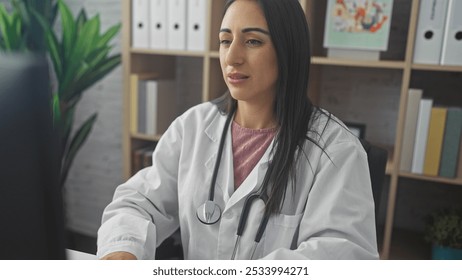 A focused hispanic woman in a white lab coat with a stethoscope sits in a clinic office, reviewing data on a computer. - Powered by Shutterstock