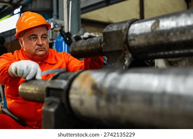 Focused industrial engineer with diligent expression working heavy machinery maintenance using large metal cylinder component factory workshop manufacturing plant with professional safety gear