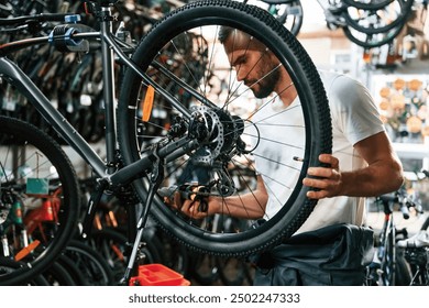 Focused at job. Repair man in bicycle shop, working in store. - Powered by Shutterstock