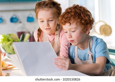 Focused Little Kids Reading Cookbook While Cooking Together In Kitchen