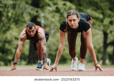 Focused male and female athletes poised at the start line on a running track in a green park, preparing for a sprint. - Powered by Shutterstock