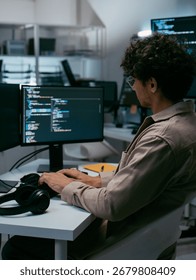 Focused Male IT Programmer working in software developing office, Writing code using desktop computer review and analysis data on monitor screen developing a new software app development project.