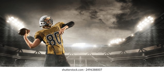 Focused man, American football player throwing ball under dramatic evening cloudy sky, tribunes filled with fans. 3D render of stadium. Concept of sport, tournament, competition, game event - Powered by Shutterstock