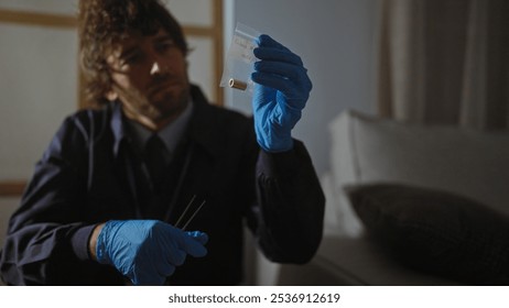 A focused man examines evidence indoors at a crime scene, reflecting concentration and investigative work. - Powered by Shutterstock